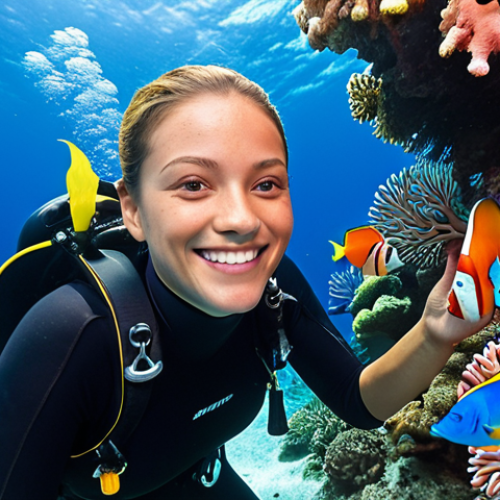 Home 4 **
A dive instructor smiling warmly, surrounded by colorful tropical fish. Focus on a friendly and approachable demeanor. The background includes a vibrant coral reef scene. Keywords: Dive instructor, coral reef, tropical fish, underwater, scuba diving, friendly, professional.
**