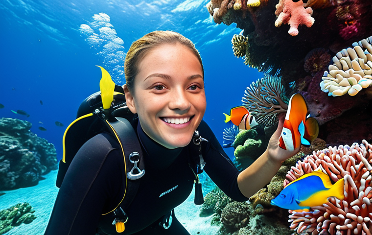 **

A dive instructor smiling warmly, surrounded by colorful tropical fish. Focus on a friendly and approachable demeanor. The background includes a vibrant coral reef scene. Keywords: Dive instructor, coral reef, tropical fish, underwater, scuba diving, friendly, professional.

**