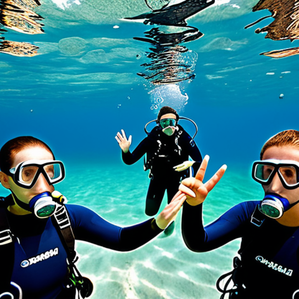 **
"A friendly and patient scuba diving instructor, fully clothed in appropriate dive gear, demonstrating underwater hand signals to a small group of attentive students in a clear, tropical ocean environment. The students are also fully clothed in diving suits and masks. Safe for work, appropriate content, family-friendly, professional instruction, perfect anatomy, natural proportions, well-formed hands."
**