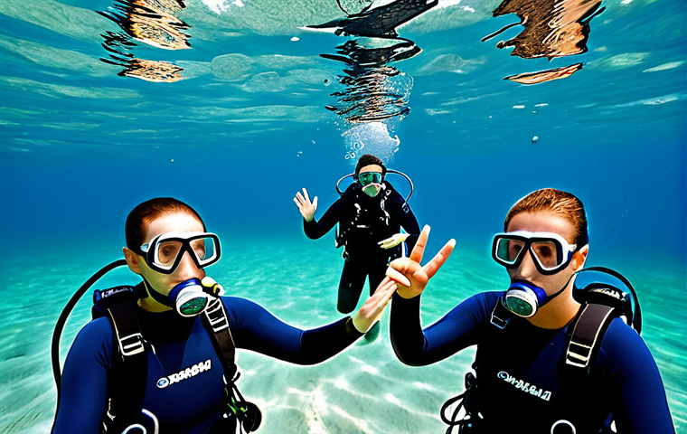 **
"A friendly and patient scuba diving instructor, fully clothed in appropriate dive gear, demonstrating underwater hand signals to a small group of attentive students in a clear, tropical ocean environment. The students are also fully clothed in diving suits and masks. Safe for work, appropriate content, family-friendly, professional instruction, perfect anatomy, natural proportions, well-formed hands."
**