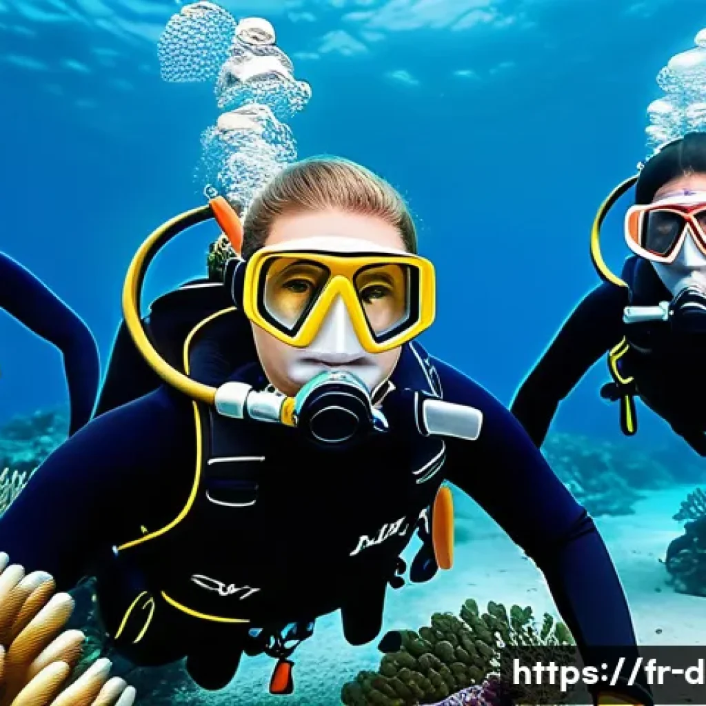 다이빙 강사 이직 전략 - A professional scuba diving instructor leading a diverse group of adult students in a vibrant underw...