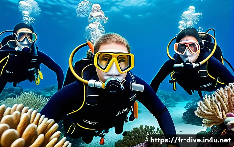 다이빙 강사 이직 전략 - A professional scuba diving instructor leading a diverse group of adult students in a vibrant underw...