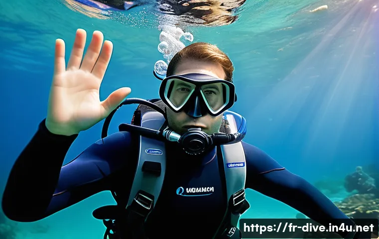 다이빙 강사 실기 시험 대비법 - A professional scuba diving instructor underwater with a confident and calm expression, demonstratin...