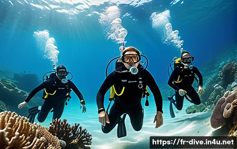 다이빙 강사 자격증 취득 과정 - A professional scuba diving instructor leading a diverse group of adult students in a Mediterranean ...
