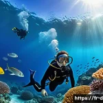 Home 19 다이빙 강사와 해양 생태계 이해 - A professional scuba diving guide leading a group of divers through a vibrant Mediterranean coral re...