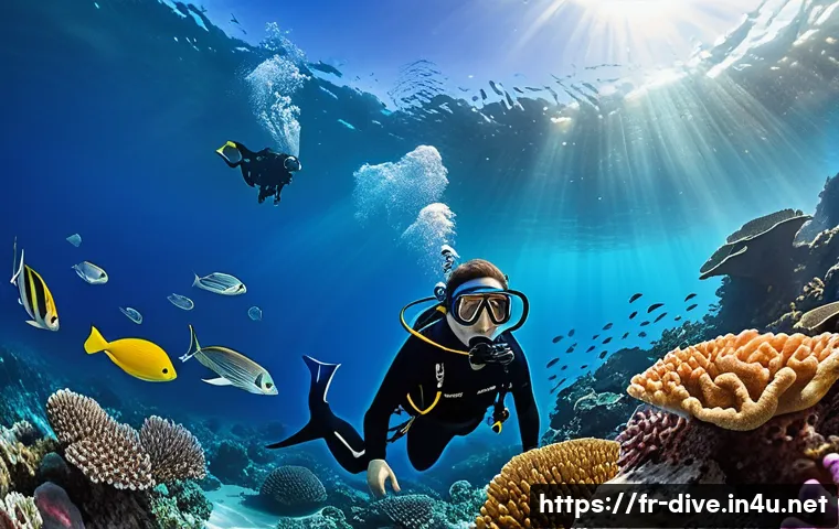 다이빙 강사와 해양 생태계 이해 - A professional scuba diving guide leading a group of divers through a vibrant Mediterranean coral re...