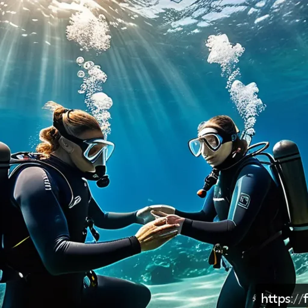 다이빙 강사 필수 이론 과목 정리 - A detailed and realistic underwater diving instructor scene showing a professional instructor explai...