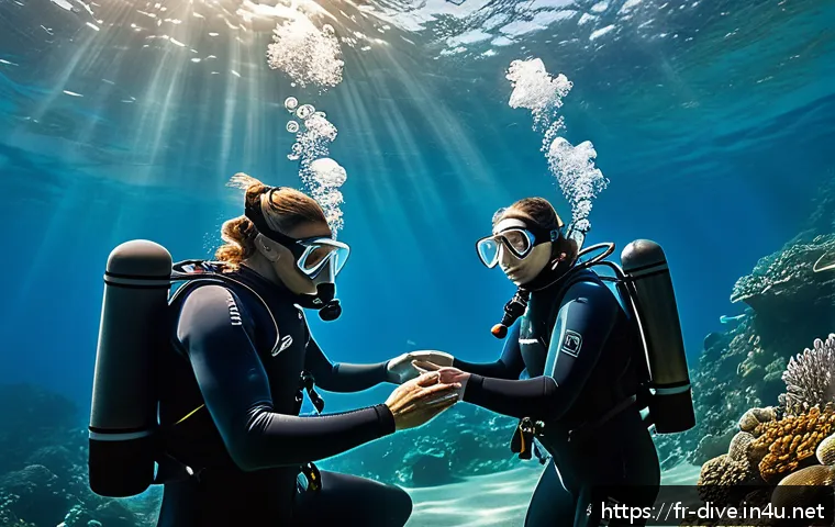 다이빙 강사 필수 이론 과목 정리 - A detailed and realistic underwater diving instructor scene showing a professional instructor explai...