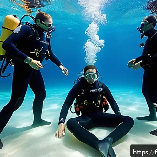 Home 17 다이빙 강사 재난 대응 훈련 - A detailed underwater training scene showing a scuba diving instructor demonstrating emergency first...