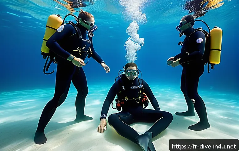 다이빙 강사 재난 대응 훈련 - A detailed underwater training scene showing a scuba diving instructor demonstrating emergency first...