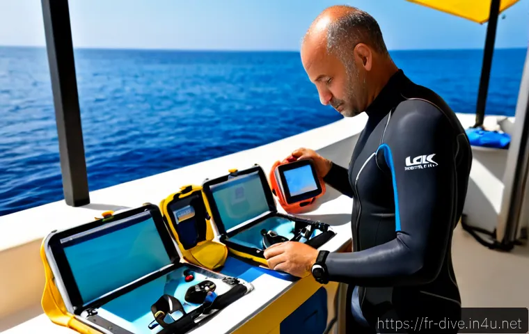 다이빙 강사 업무 효율화 꿀팁 - Photorealistic diving instructor in a neat coastal dive center near the French Mediterranean, effici...
